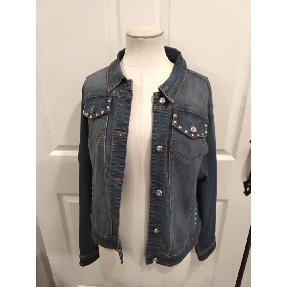 Earl Jean Denim Jacket Embellished Rhinestones Medium Wash Womens XL